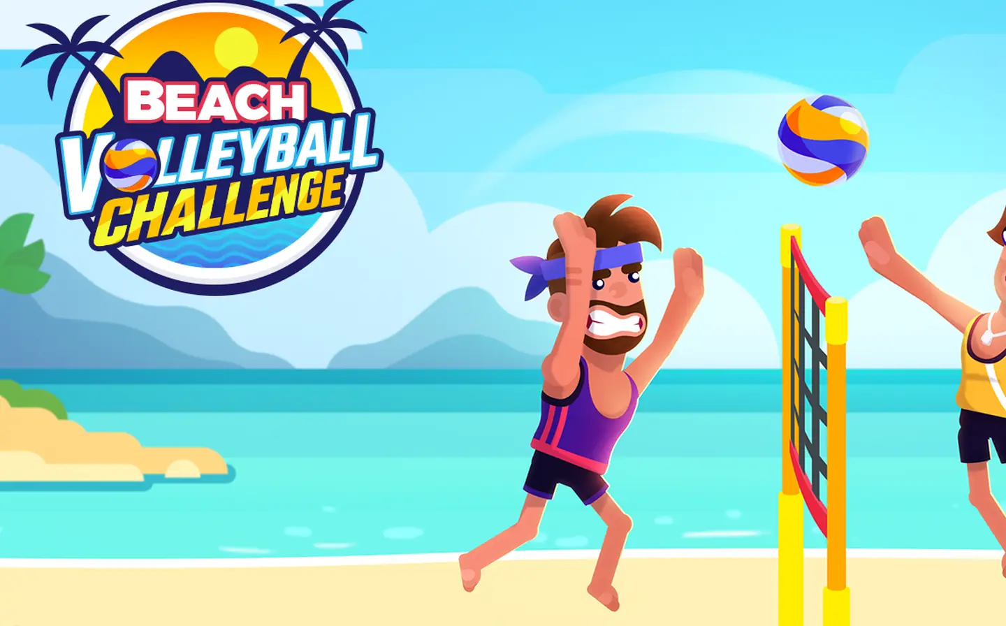 Dupla de voleibol de praia a saltar junto à rede, imagem do jogo Beach Volleyball Challenge