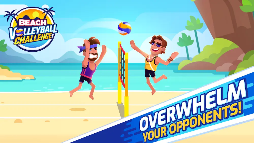 Dois jogadores a saltar junto à rede na areia em Beach Volleyball Challenge