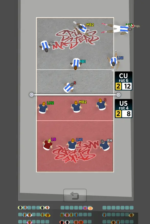 Campo visto de cima com jogadores posicionados em Spike Masters Volleyball