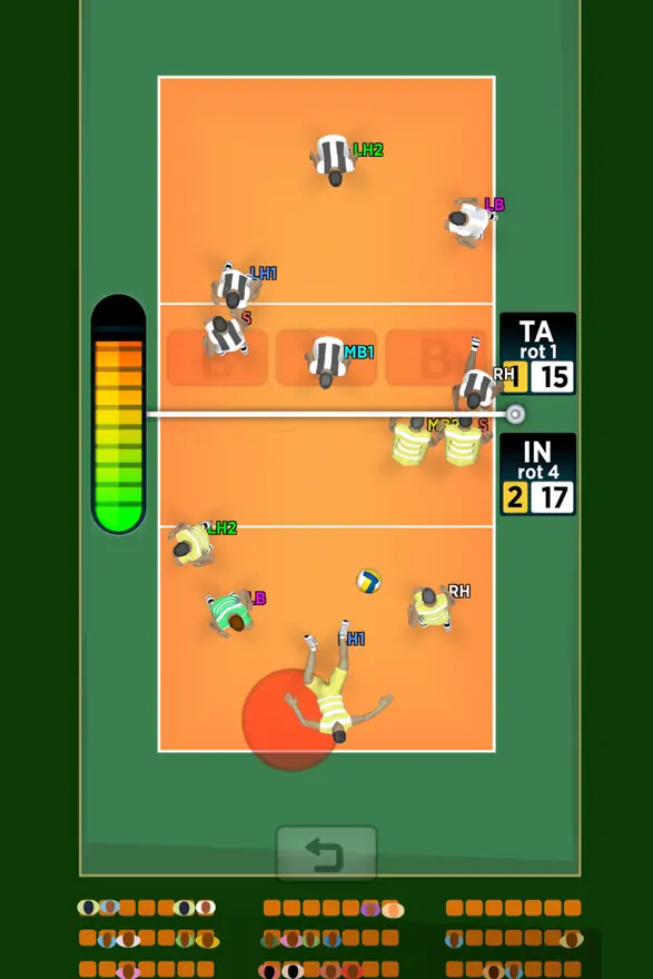 Campo laranja visto de cima com marcador de sets em Spike Masters Volleyball